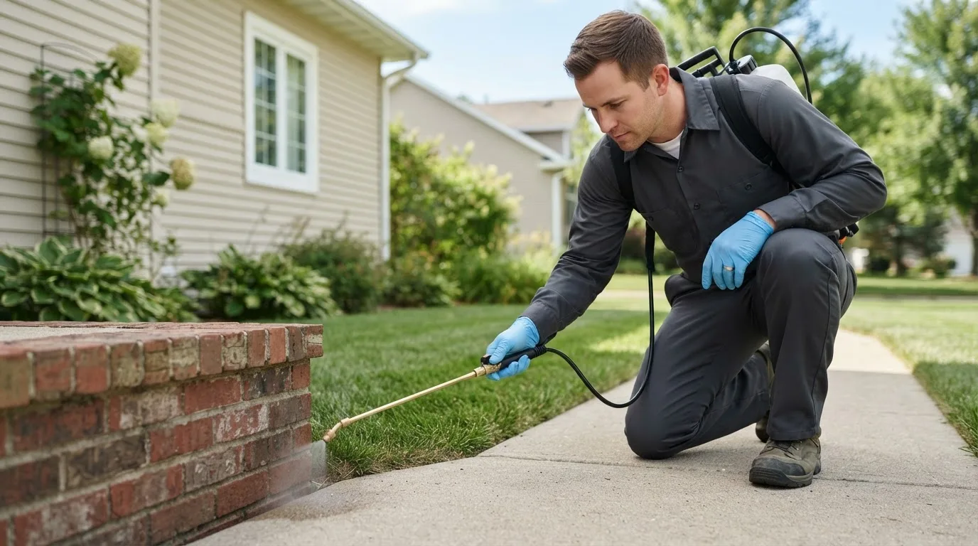 Pest control technician treating a home near Plattsburgh, NY